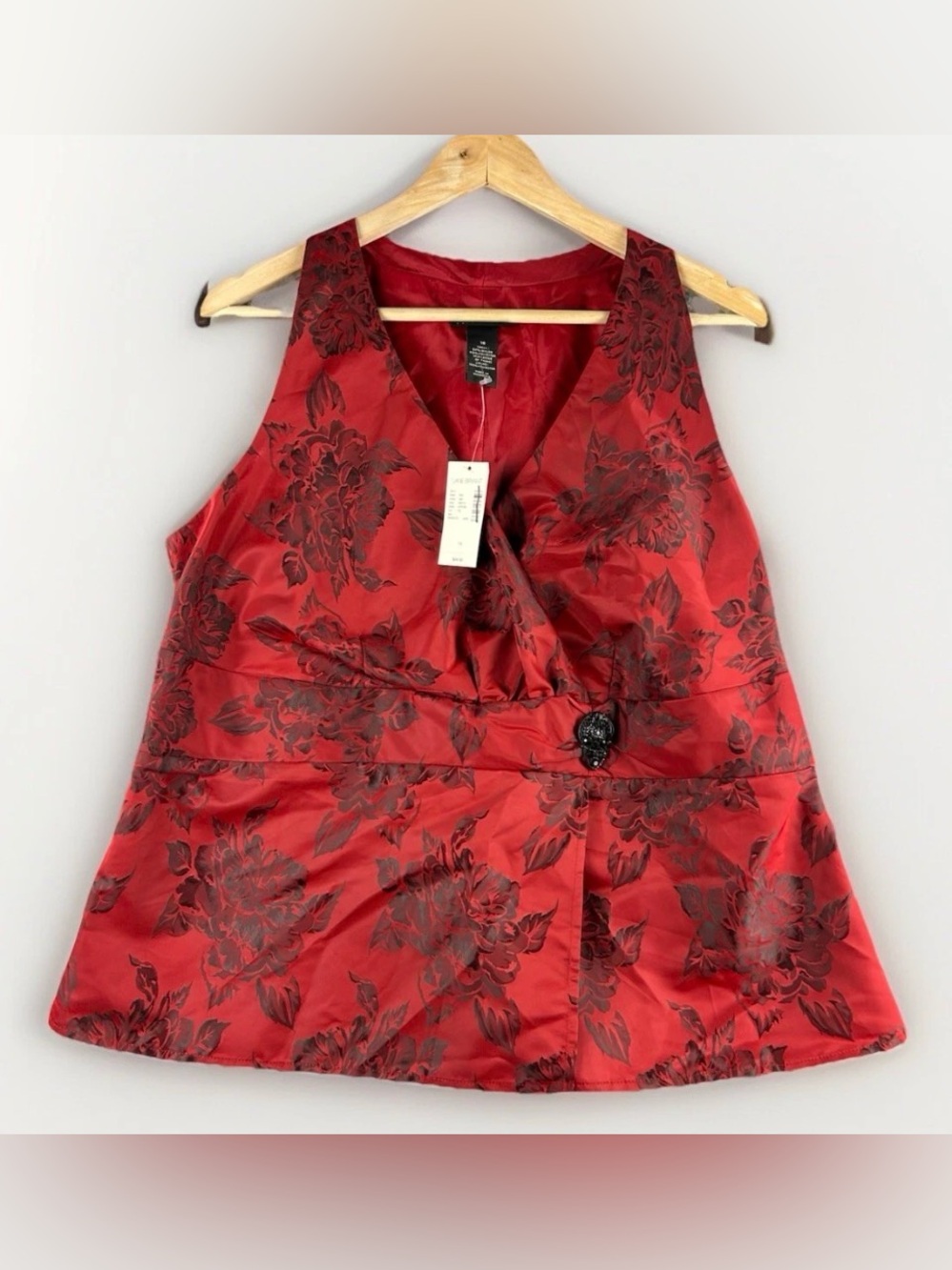 Lane Bryant Red Floral Satin V-Neck Camisole Top